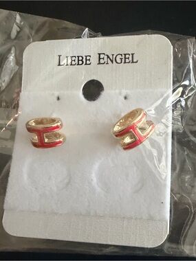 Gold-Tone Earrings with Red Enamel Accent
